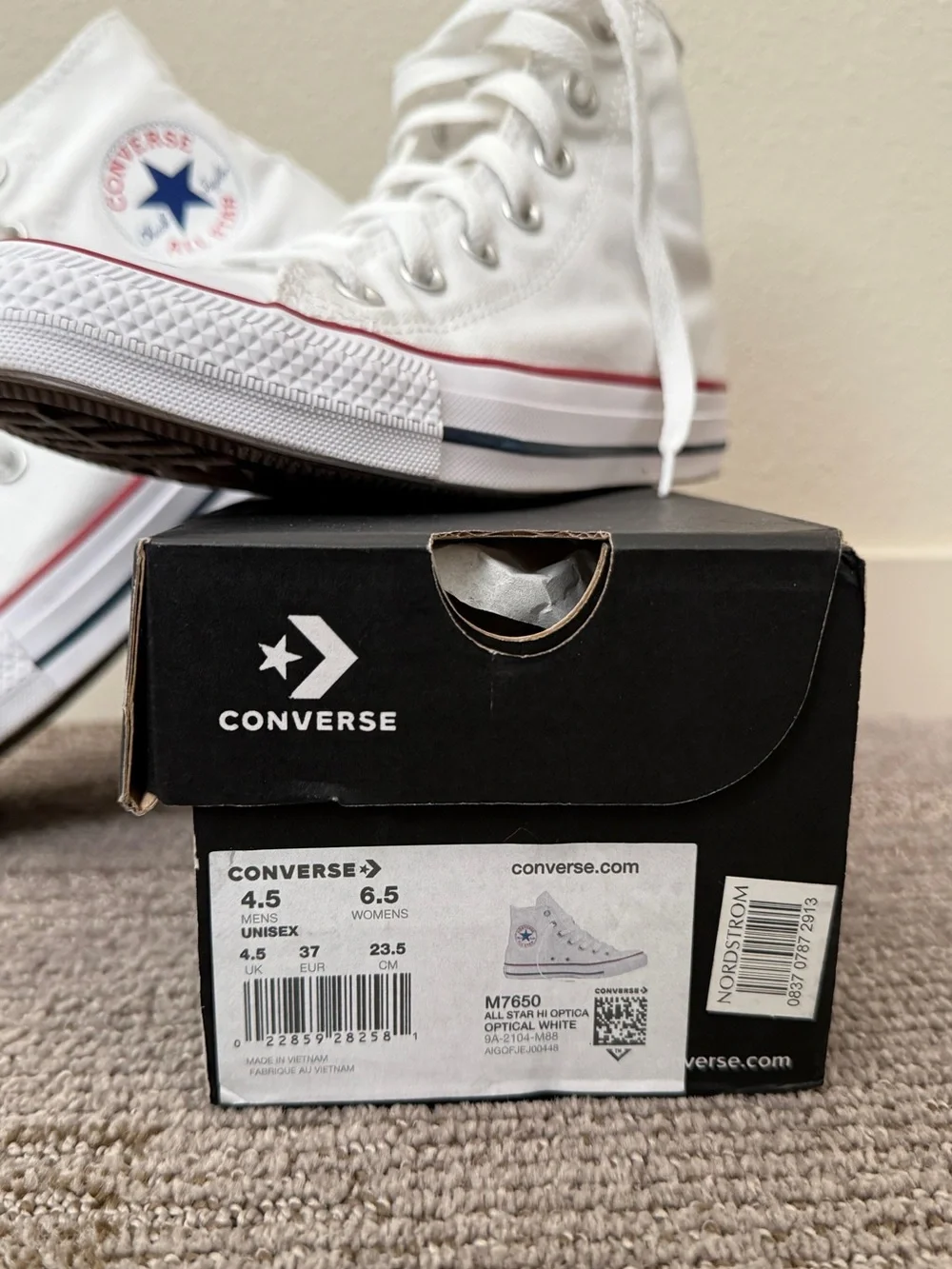 Converse All Star High Top Sneakers in White with Red & Navy Accents - Picture 2 of 8